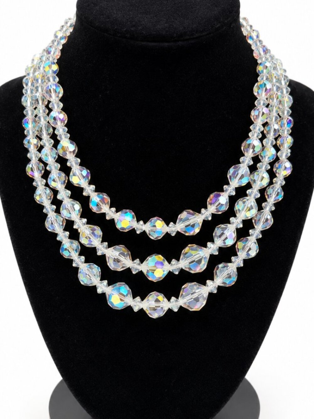 Vintage Aurora Borealis AB Crystal Triple Strand Choker Necklace